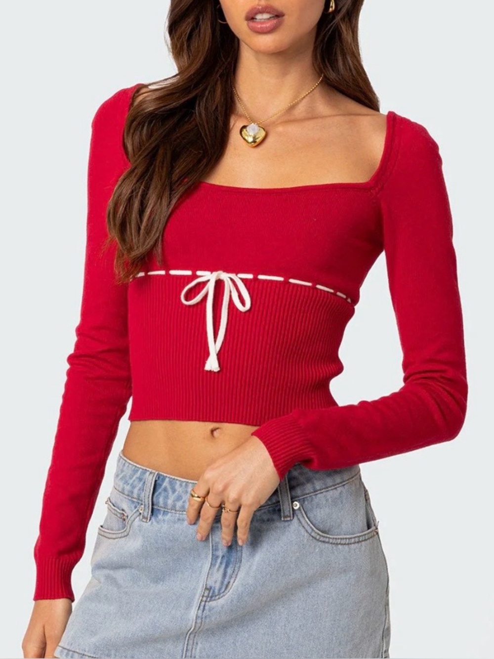 Edikted Red Square-Neck long sleeve Top with Contrast Tie (Natasha knit) xs